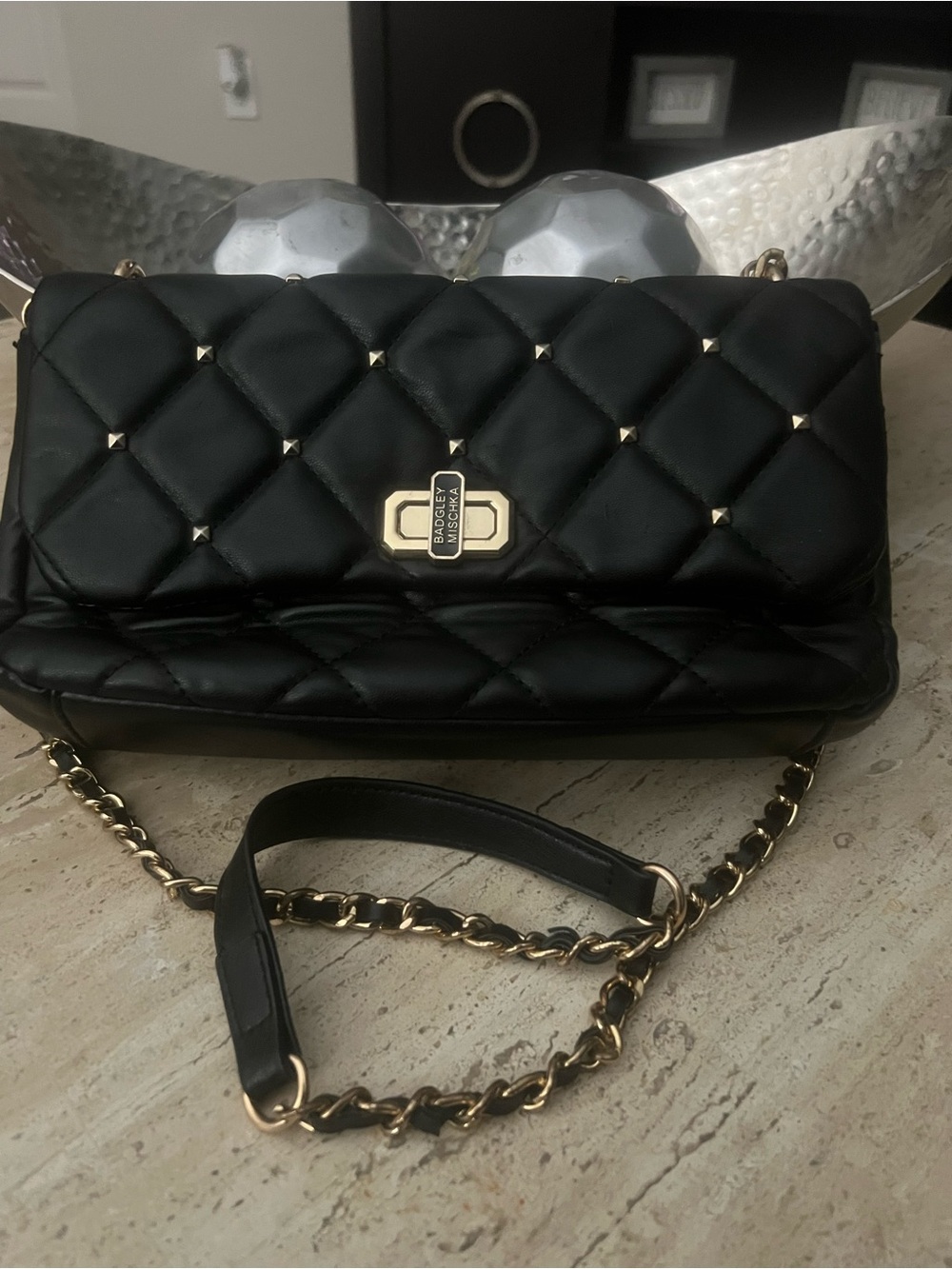 Badgley Mischka Black Quilted Crossbody with Gold Hardware